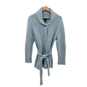 American Eagle Womans Large Blue Lambs Wool Blend Button Front Tie Cardigan VTG